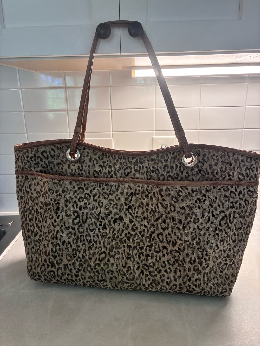 Elaine Turner Leopard Print Tote Bag with Brown leather Trim